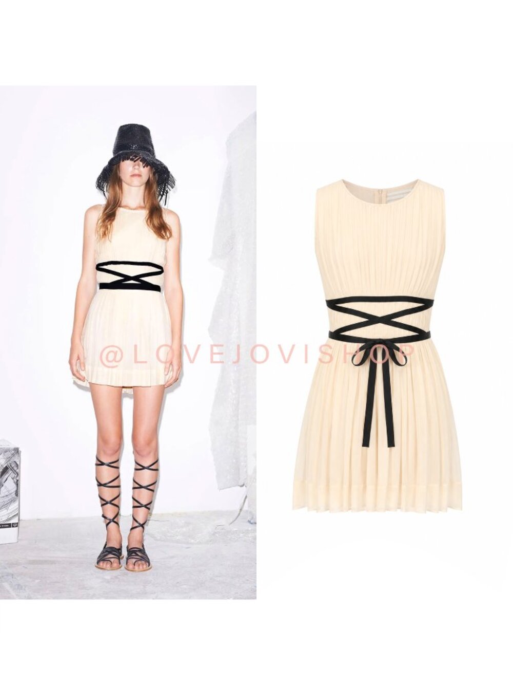 Feminine | Band of Outsiders Micro Pleated Corset Tie Mini Dress | Cream Black 4